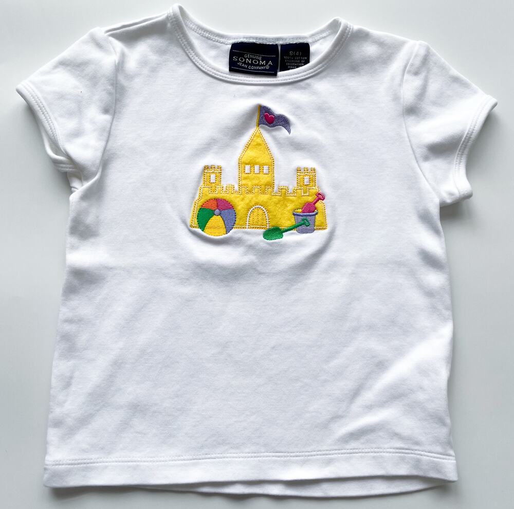 Girl’s Vintage Y2K Sonoma Yellow Sand Castle Appliqué T-shirt Size 4